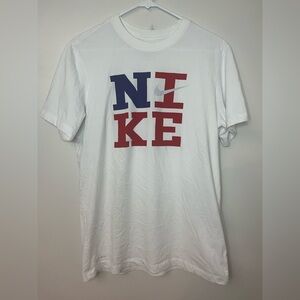 Nike Men's White Dri-Fit Tee with Red and Blue Logo